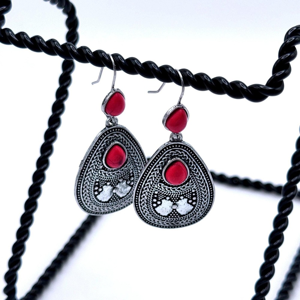 Vintage Silver Tone Red Cabochon Drop Earrings Boho Tribal Dangle Bohemian Retro - Picture 4 of 6
